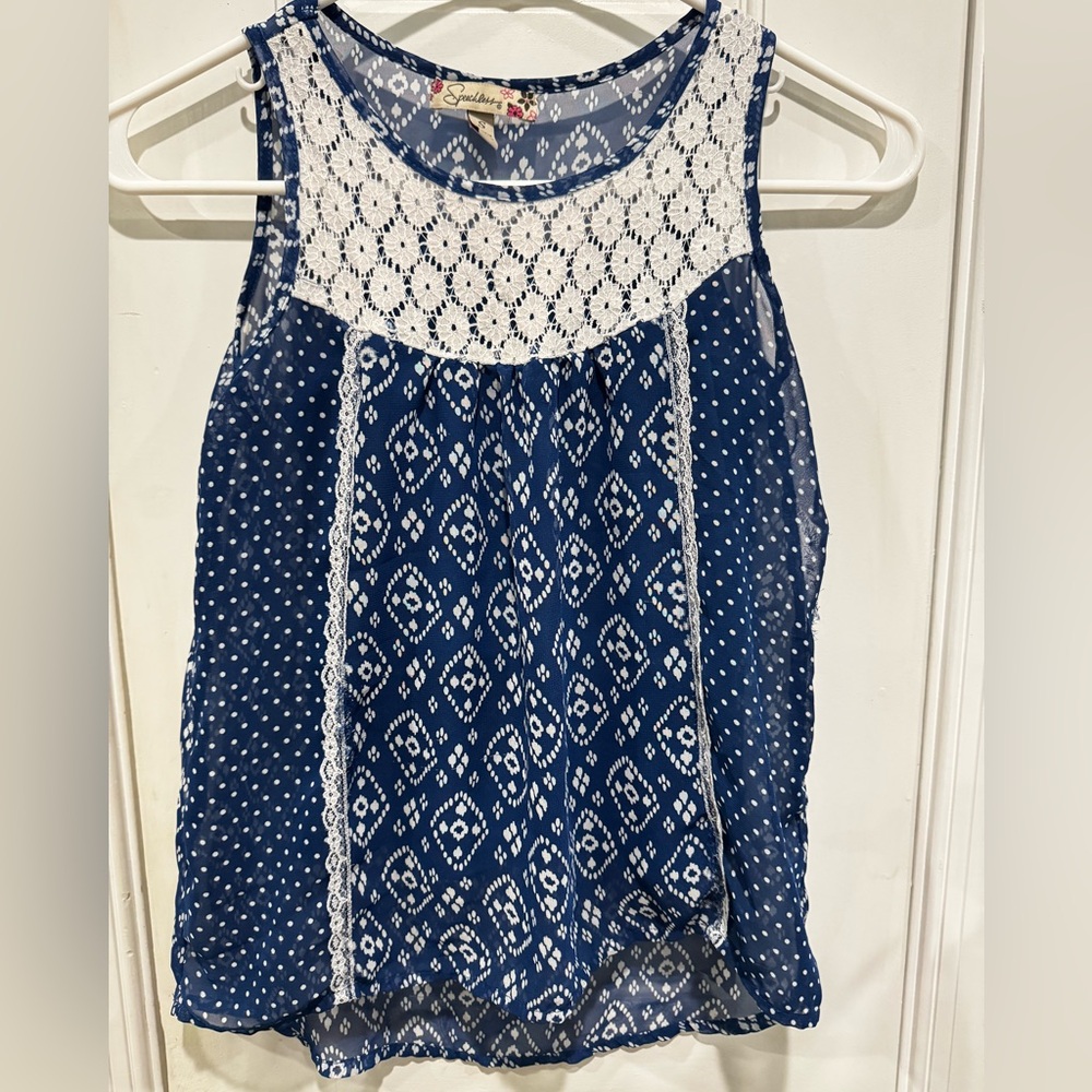 Speechless Blue and White lace top Patterned tank
